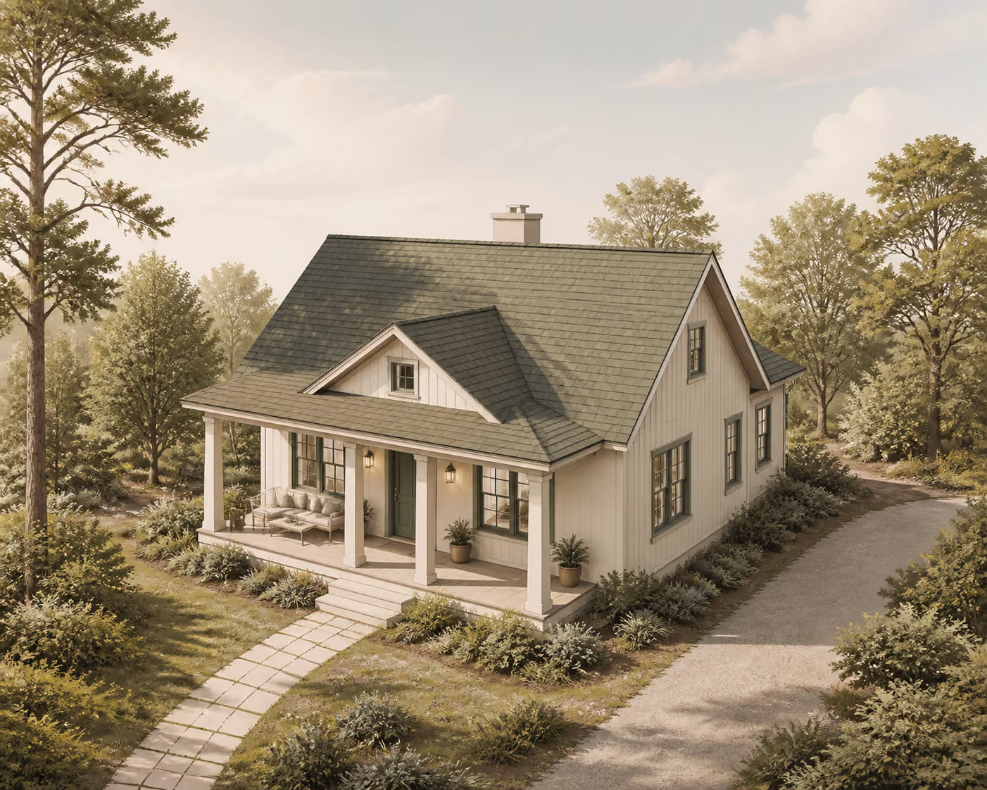 Conceptual 45-degree massing study showing a generic cottage porch, roof form, windows, path, driveway, and trees; not a verified rendering.