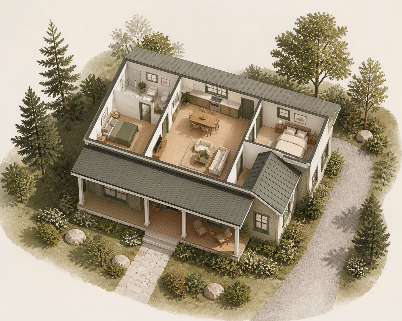 Conceptual top-down massing study showing a generic two-bedroom cottage, porch, roof planes, path, driveway, and trees; not a measured survey.