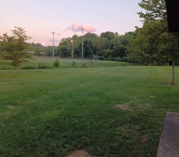 Buckeye Park sports fields at dusk with floodlights and lawn