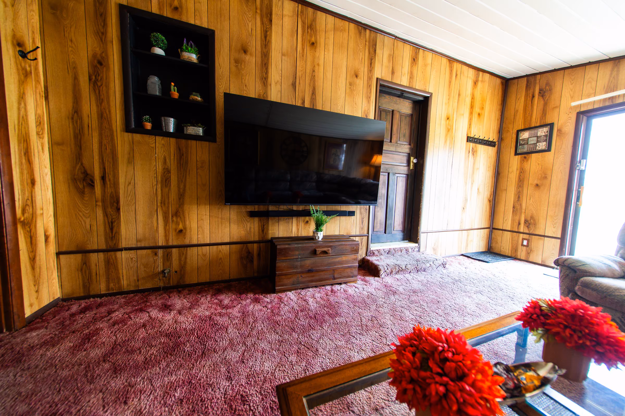 Broad Cottage living room with television and wood-paneled walls